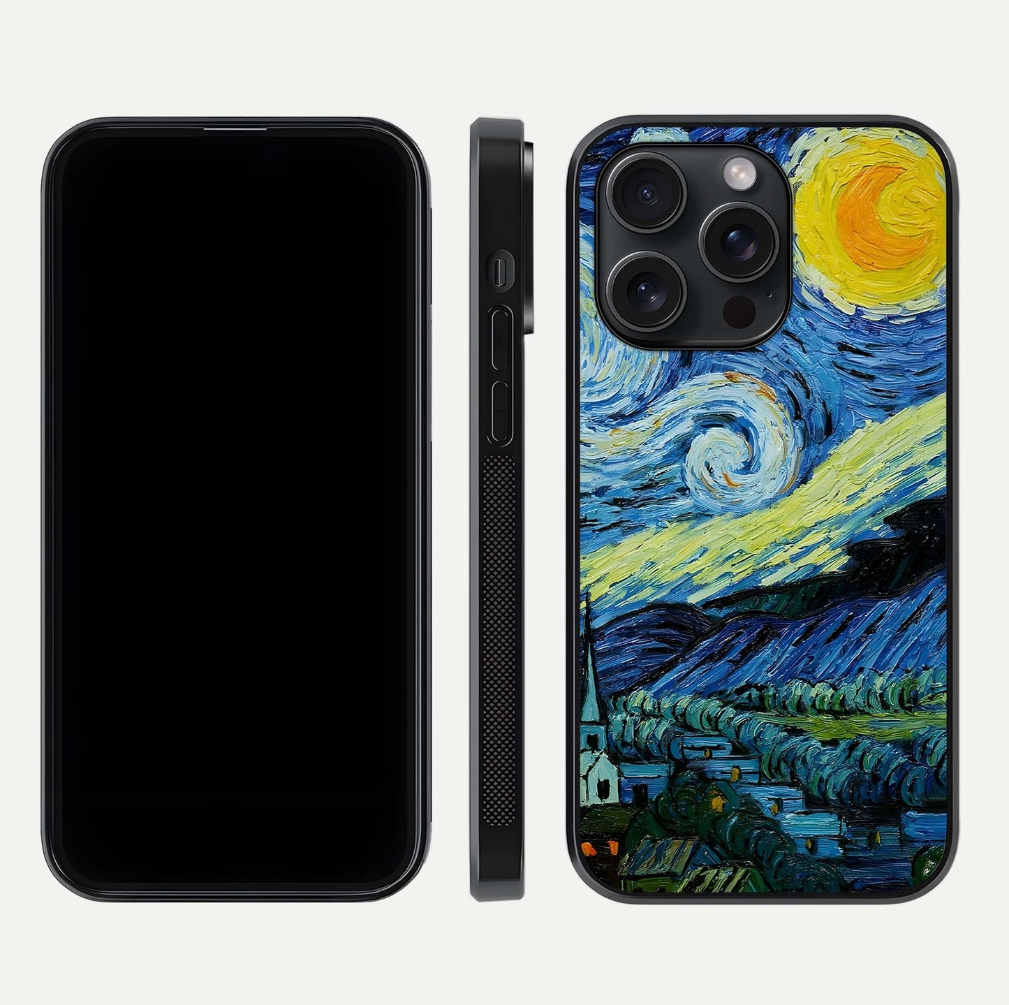 Inspired Van Gogh Art Glass Case for iPhone 15 Pro front and back view layout displaying vivid color tones and curved glass edges