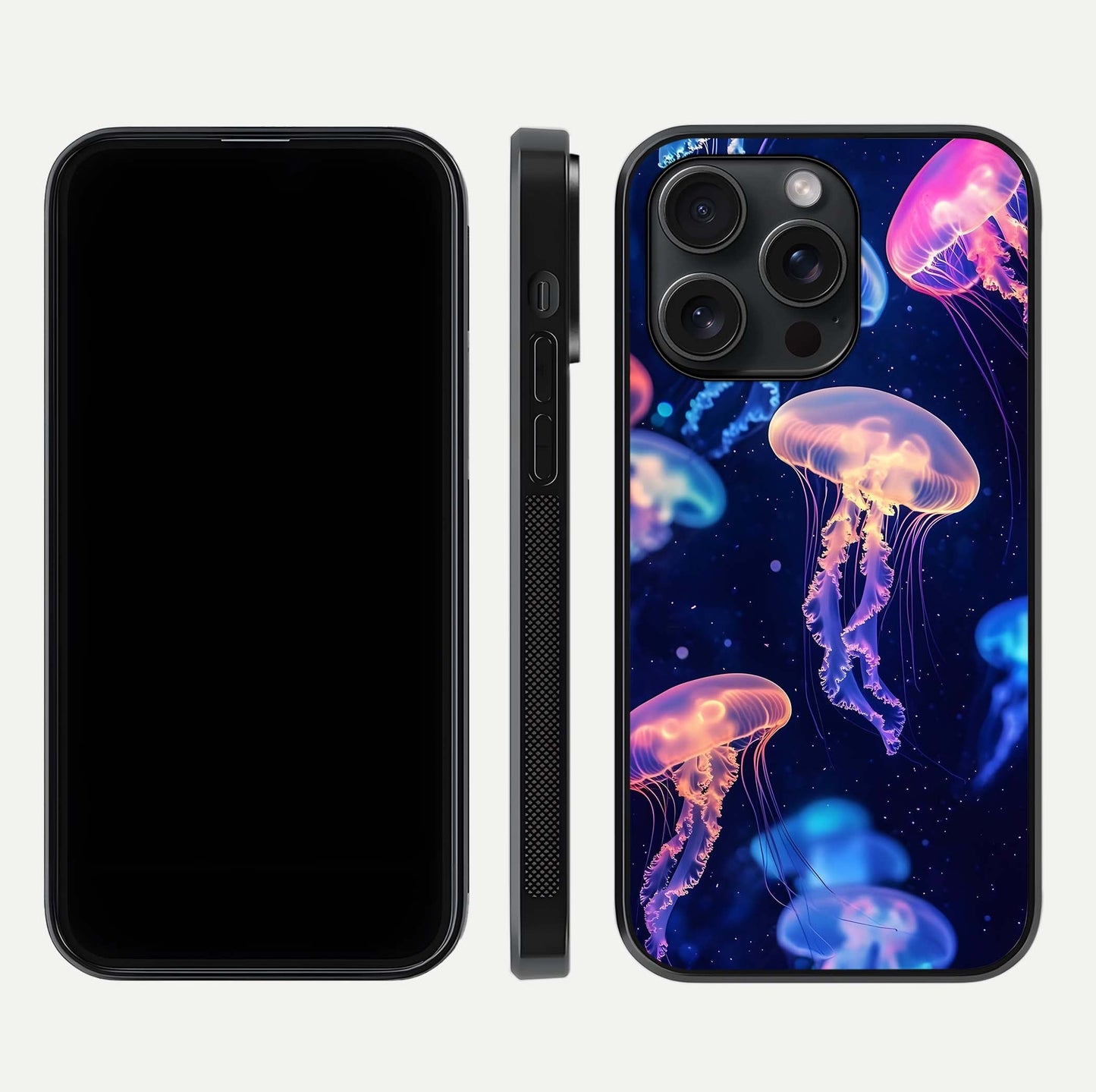 Jellyfish Pattern Glass Case for iPhone 15 Pro front and back view layout highlighting aquatic tones and curved edges
