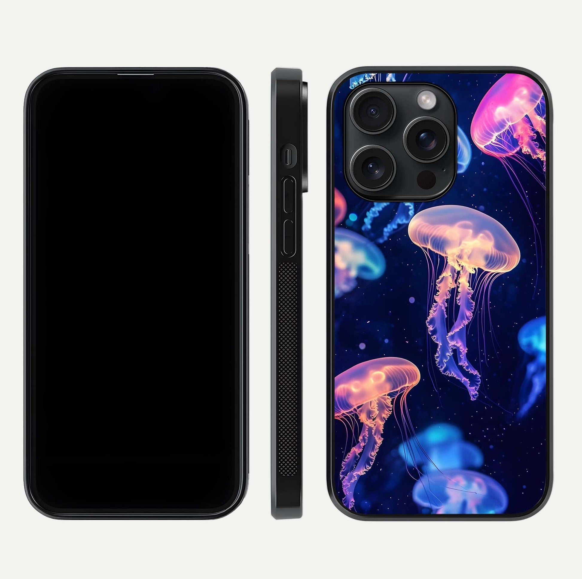 Jellyfish Pattern Glass Case for iPhone 15 Pro front and back view layout highlighting aquatic tones and curved edges
