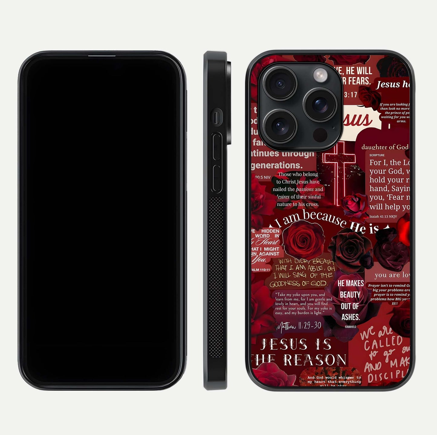 Jesus Love Heals Glass Case for iPhone 15 Pro front and back view layout with elegant typography and smooth edges