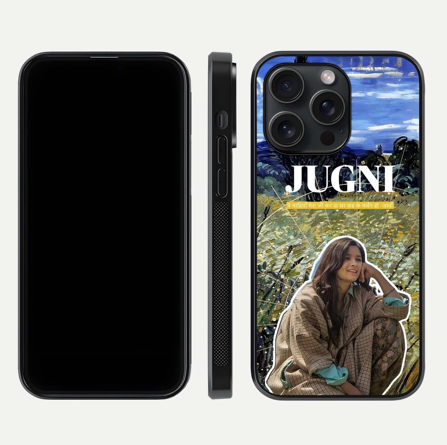 Jugni Soul Vibes Glass Case for iPhone 15 Pro front and back view layout highlighting desi art and curved glass edges