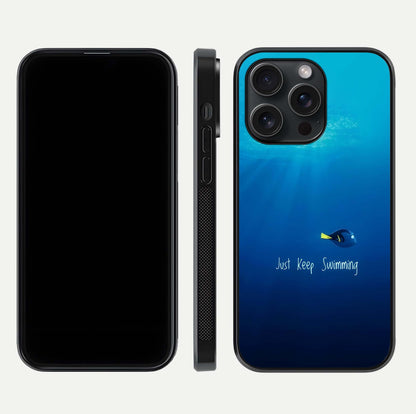 Just Keep Swimming Glass Case for iPhone 15 Pro front and back view layout with smooth glass edges and HD text clarity