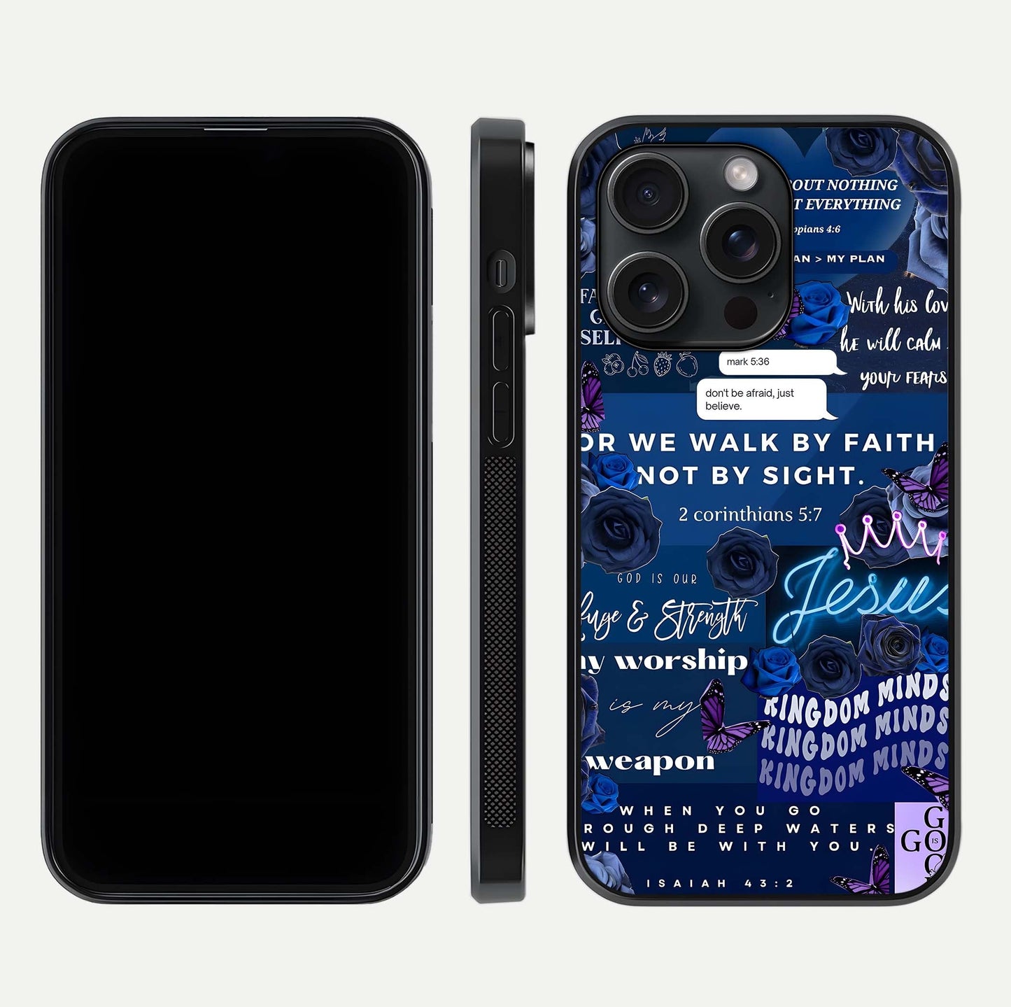 Kingdom Faith Glow Glass Case for iPhone 15 Pro front and back view layout highlighting radiant spiritual design