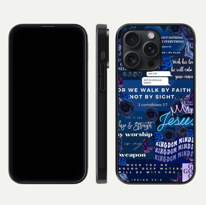 Kingdom Faith Glow Glass Case for iPhone 15 Pro front and back view layout highlighting radiant spiritual design