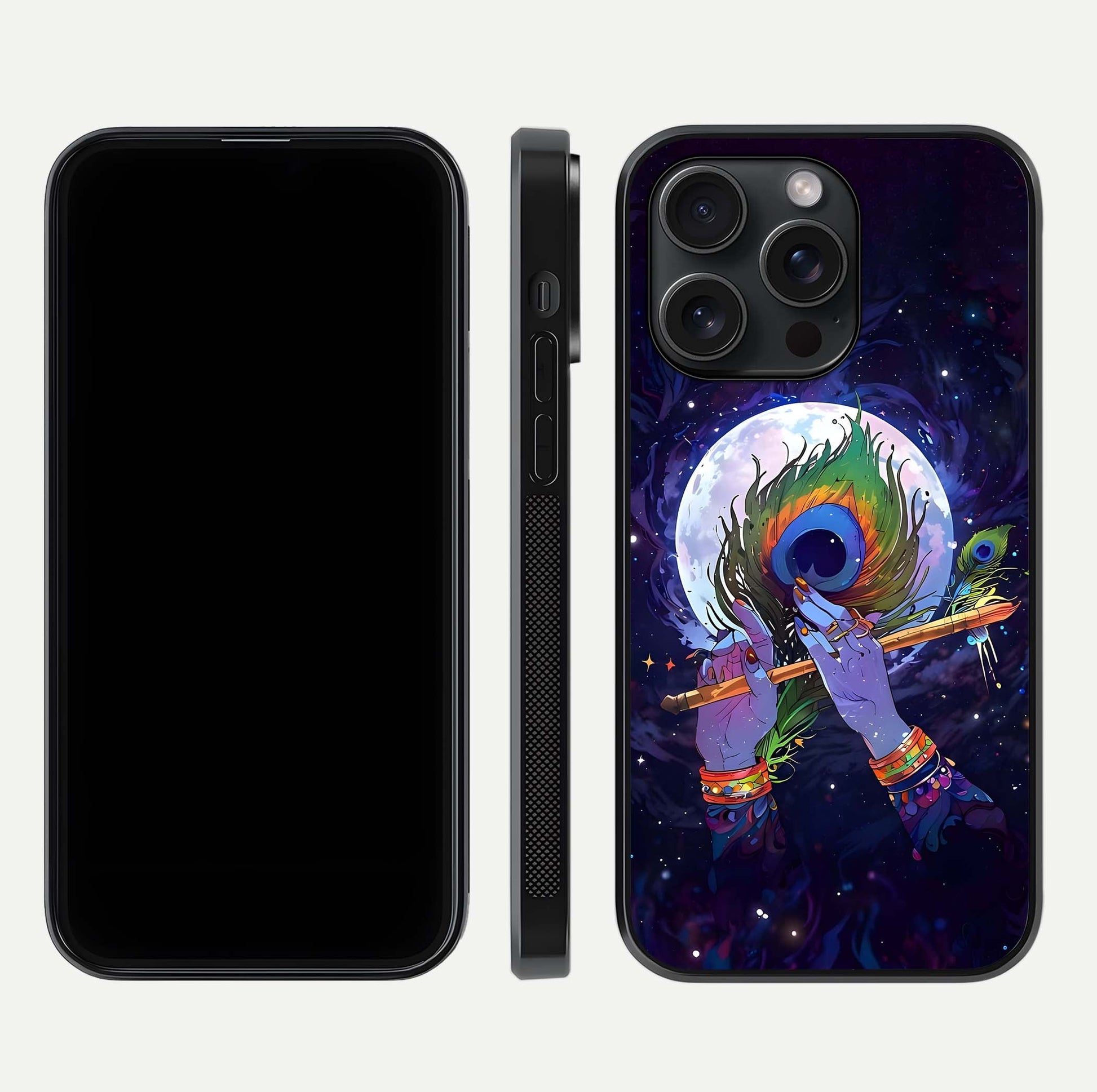 Krishna Hands Art Glass Case for iPhone 15 Pro front and back view layout displaying soft edges and spiritual tones