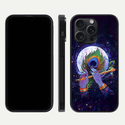 Krishna Hands Art Glass Case for iPhone 15 Pro front and back view layout displaying soft edges and spiritual tones
