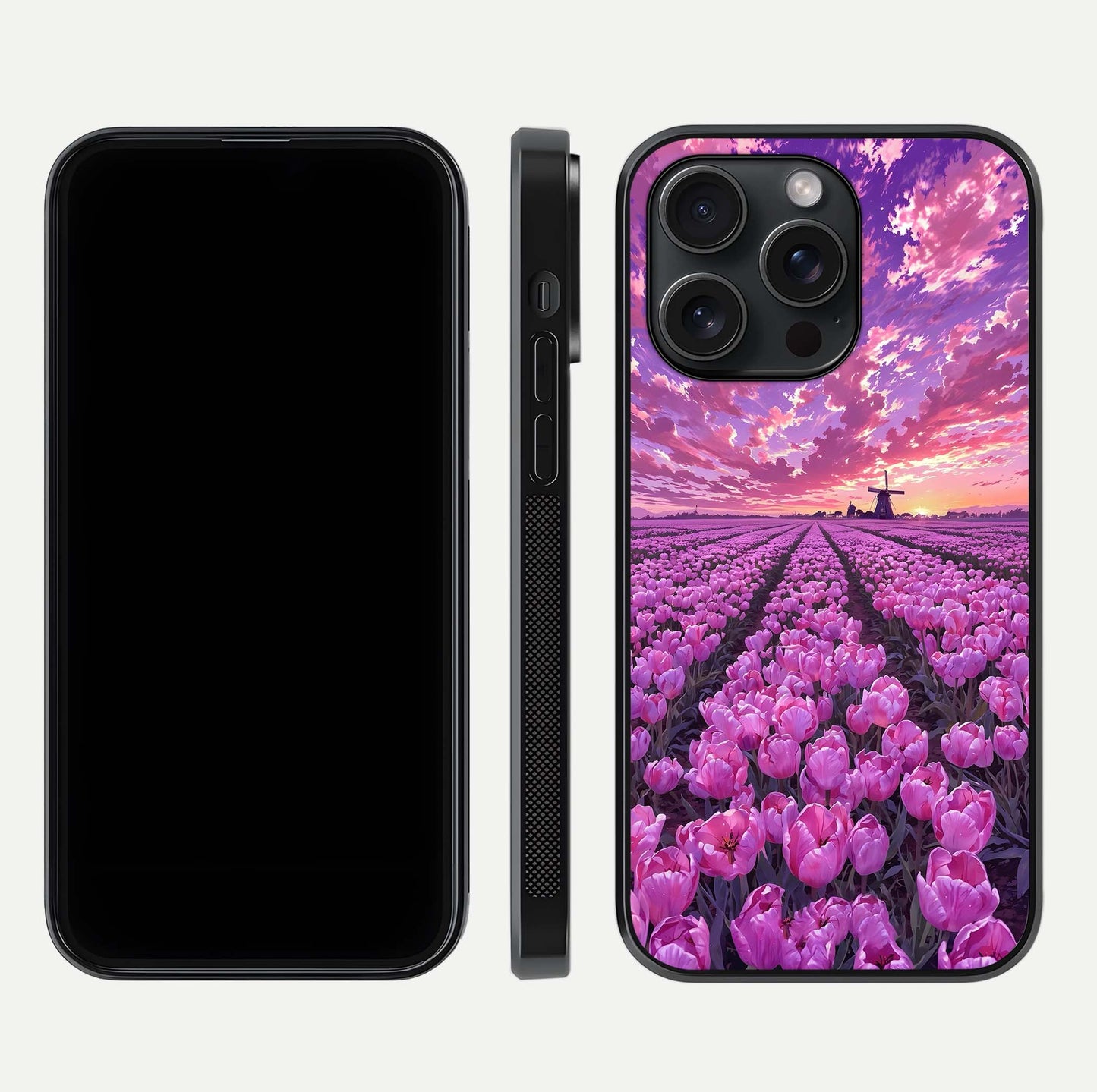 Lavender Dream Skies Glass Case for iPhone 15 Pro front and back view layout highlighting dreamy sky gradient