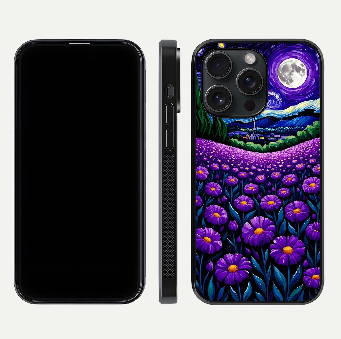 Lavender Moon Field Glass Case for iPhone 15 Pro front and back view layout with soft gradient and curved edges