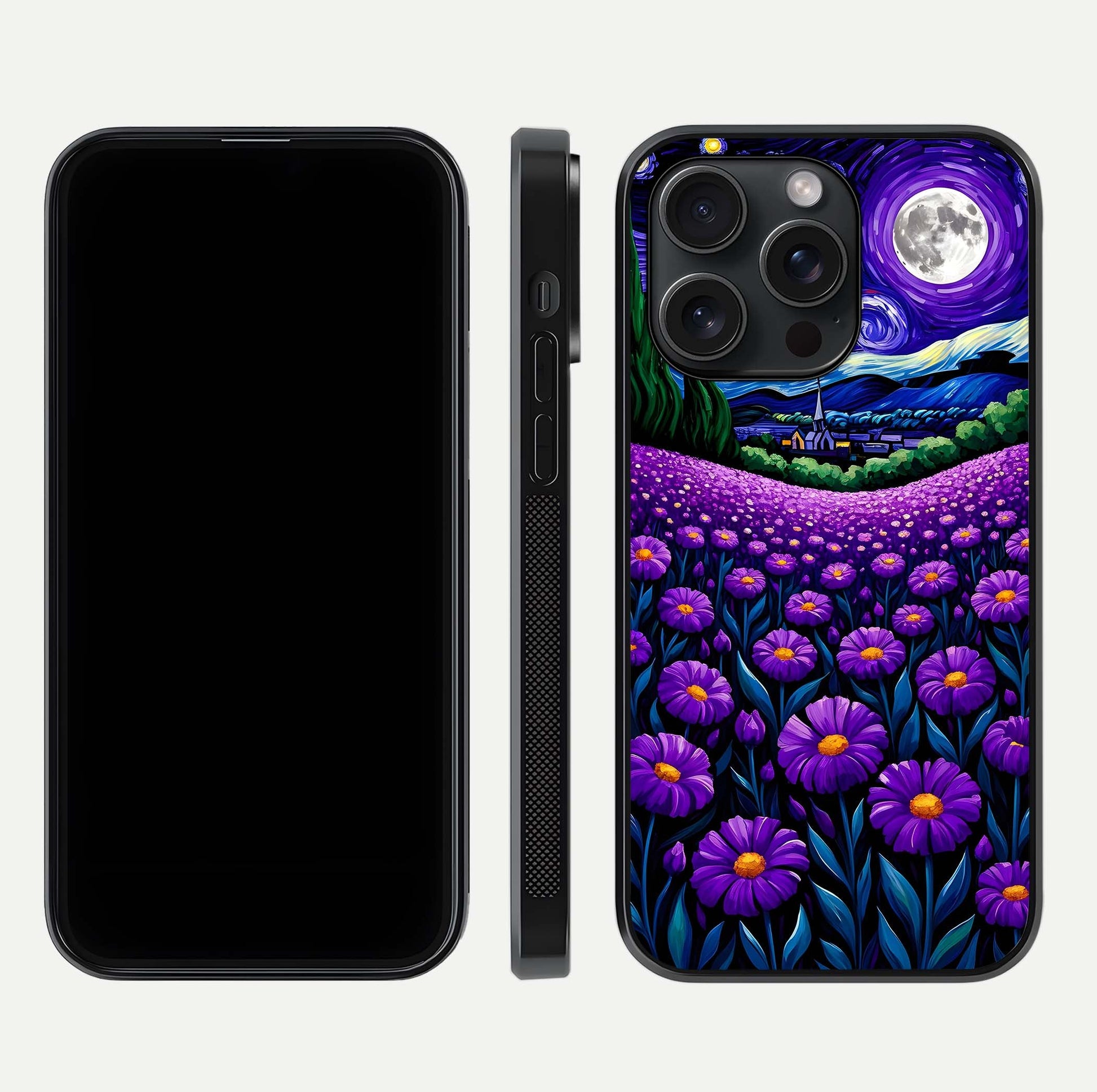 Lavender Moon Field Glass Case for iPhone 15 Pro front and back view layout with soft gradient and curved edges