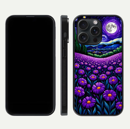 Lavender Moon Field Glass Case for iPhone 15 Pro front and back view layout with soft gradient and curved edges