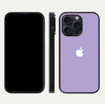Lavender Soft Minimal Glass Case for iPhone 15 Pro front and back view layout highlighting soft hue and curved edges