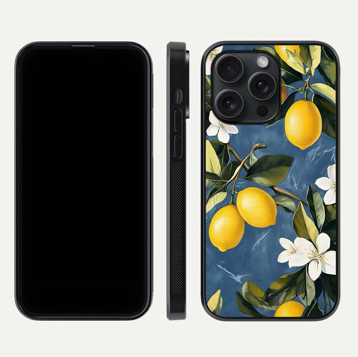 Lemon Dream Garden Glass Case for iPhone 15 Pro front and back view layout highlighting garden tones and edges