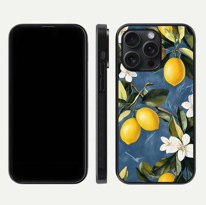 Lemon Dream Garden Glass Case for iPhone 15 Pro front and back view layout highlighting garden tones and edges