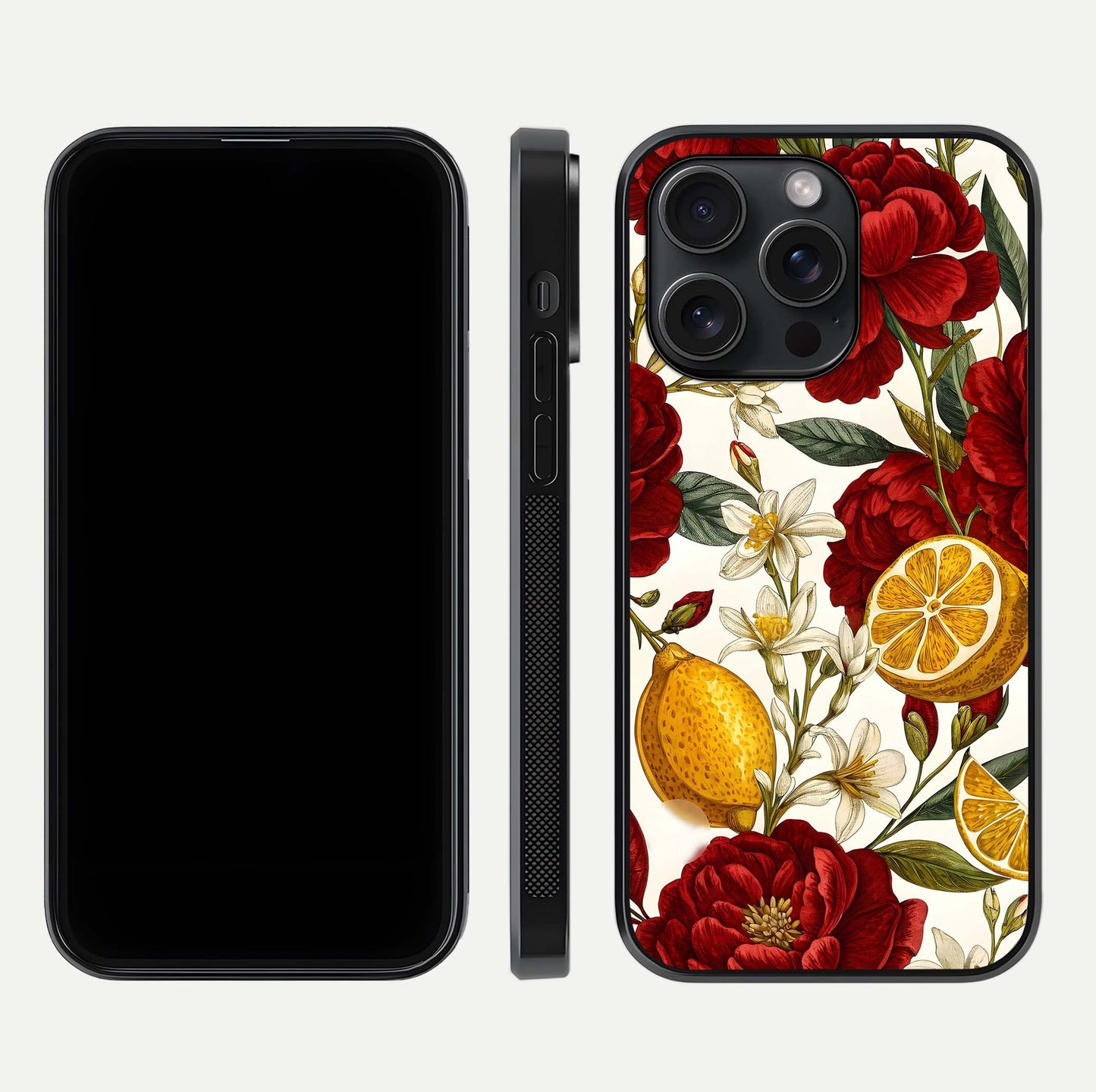 Lemon Rose Charm Glass Case for iPhone 15 Pro front & back layout highlighting soft yellow tones and curved edges