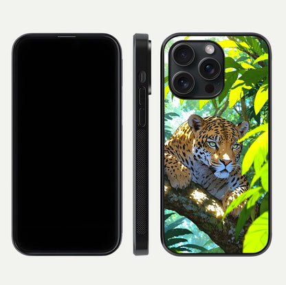Leopard in Jungle Glass Case for iPhone 15 Pro front & back layout with premium edge detailing and vivid jungle art