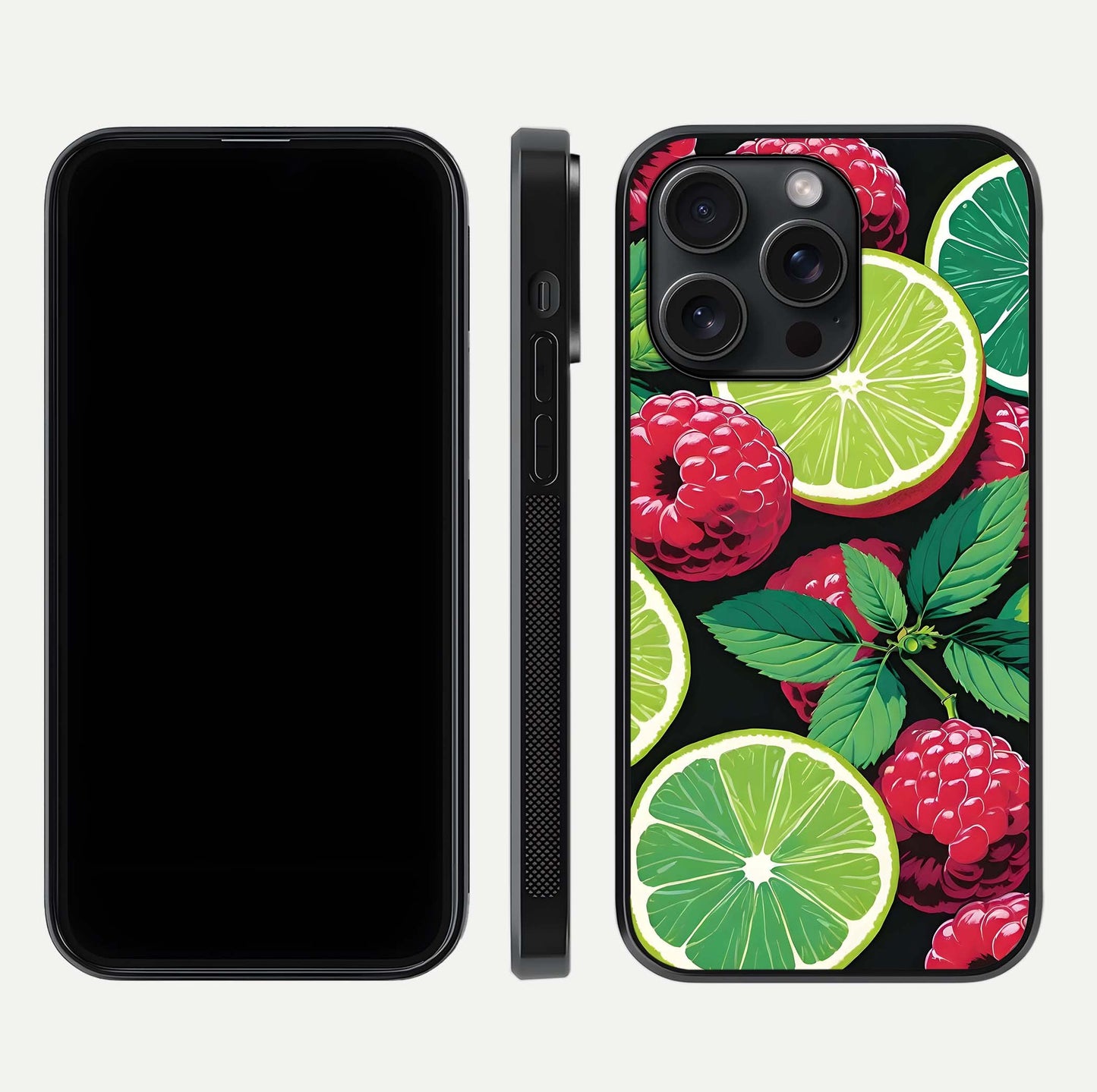 Lime and Raspberry Pattern Glass Case for iPhone 15 Pro front & back layout highlighting fresh summer tones