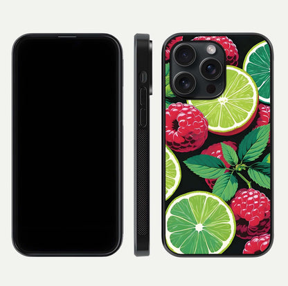 Lime and Raspberry Pattern Glass Case for iPhone 15 Pro front & back layout highlighting fresh summer tones