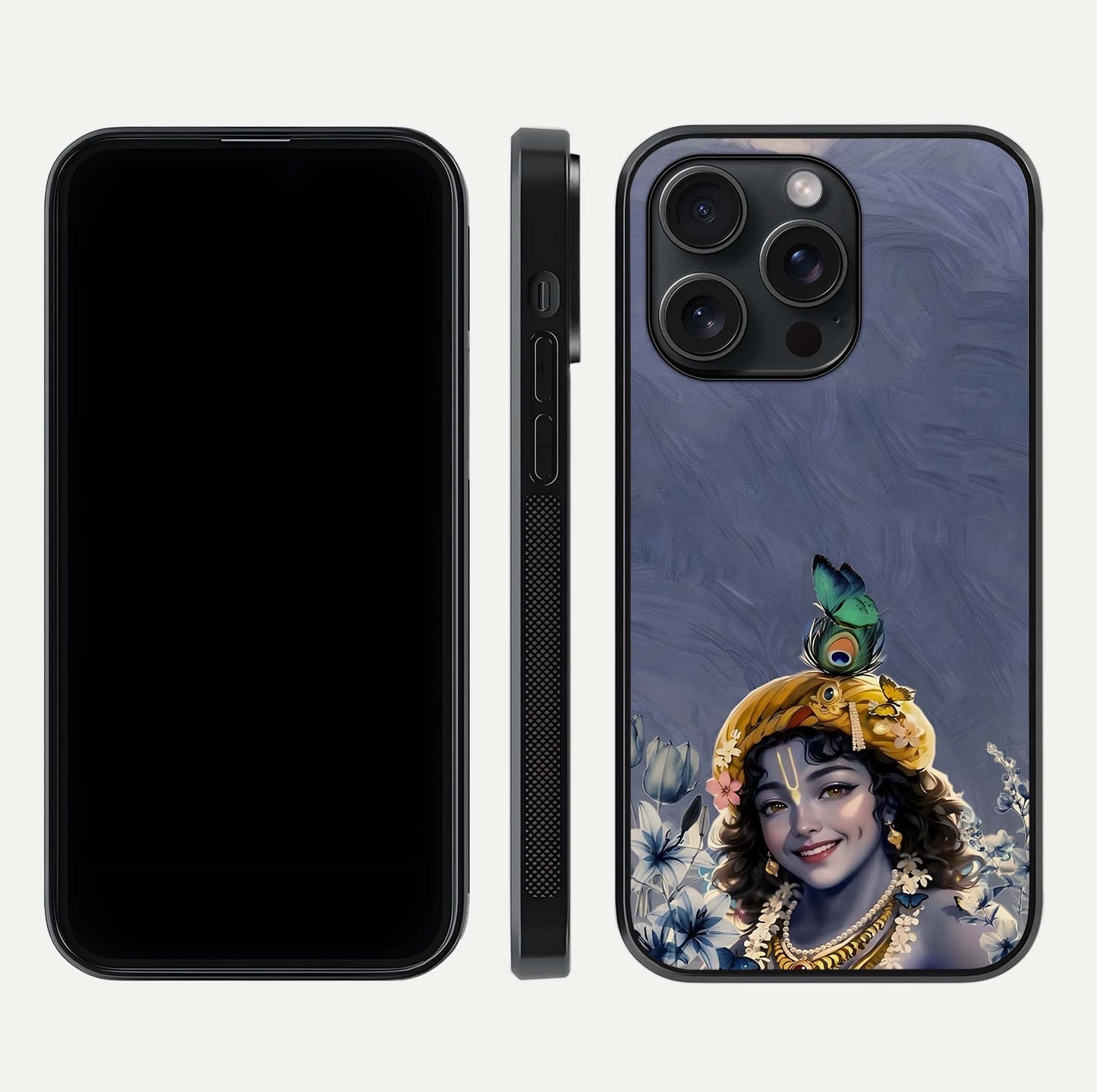 Lord Krishna Glass Case for iPhone 15 Pro front & back layout displaying soft tones and elegant edges