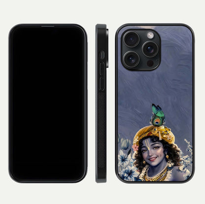 Lord Krishna Glass Case for iPhone 15 Pro front & back layout displaying soft tones and elegant edges