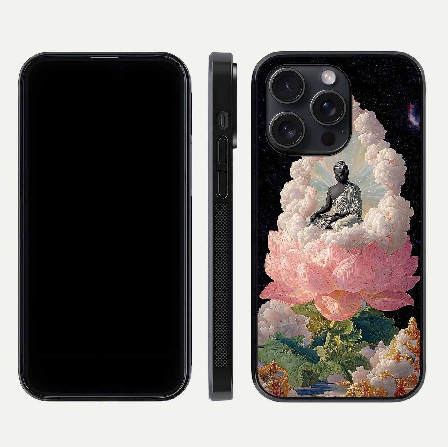Lotus Divine Peace Glass Case for iPhone 15 Pro front & back layout highlighting soft pink hues and curved edges