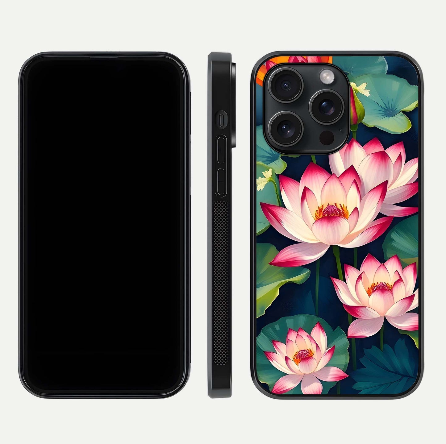 Lotus Dream Serenity Glass Case for iPhone 15 Pro front & back layout with elegant finish and edge curve