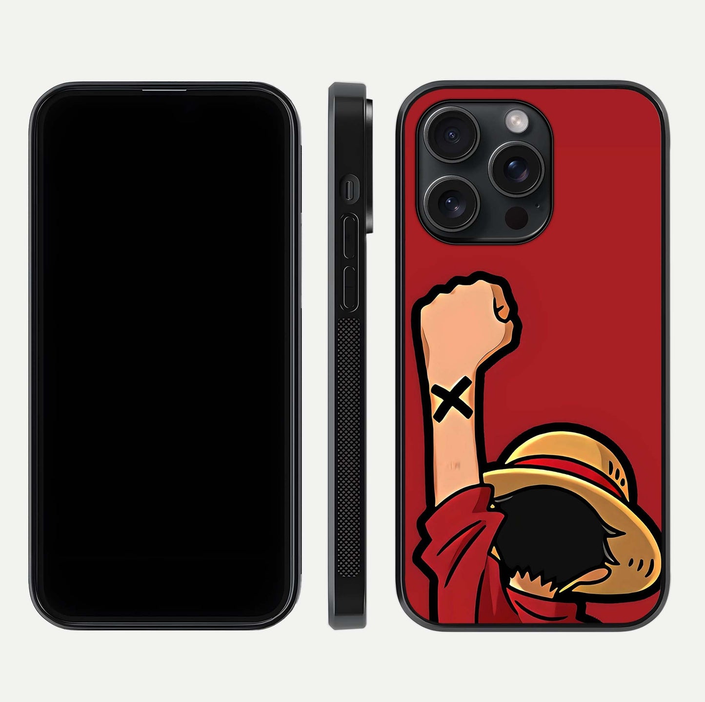 Luffy X Spirit Glass Case for iPhone 15 Pro front & back layout displaying anime theme and curved edges