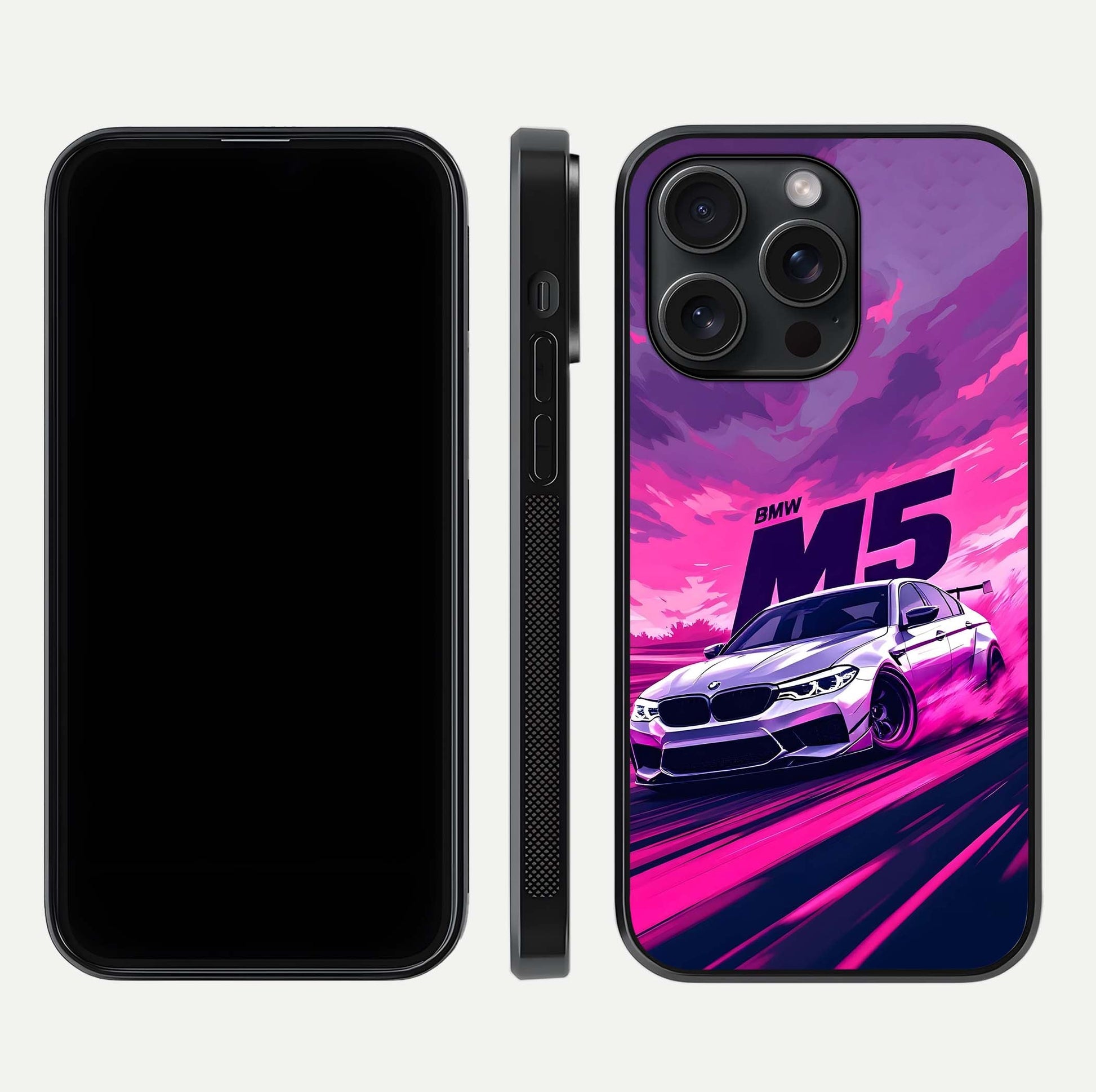 MS Neon Car Glass Case for iPhone 15 Pro front & back layout highlighting automotive art and curved design