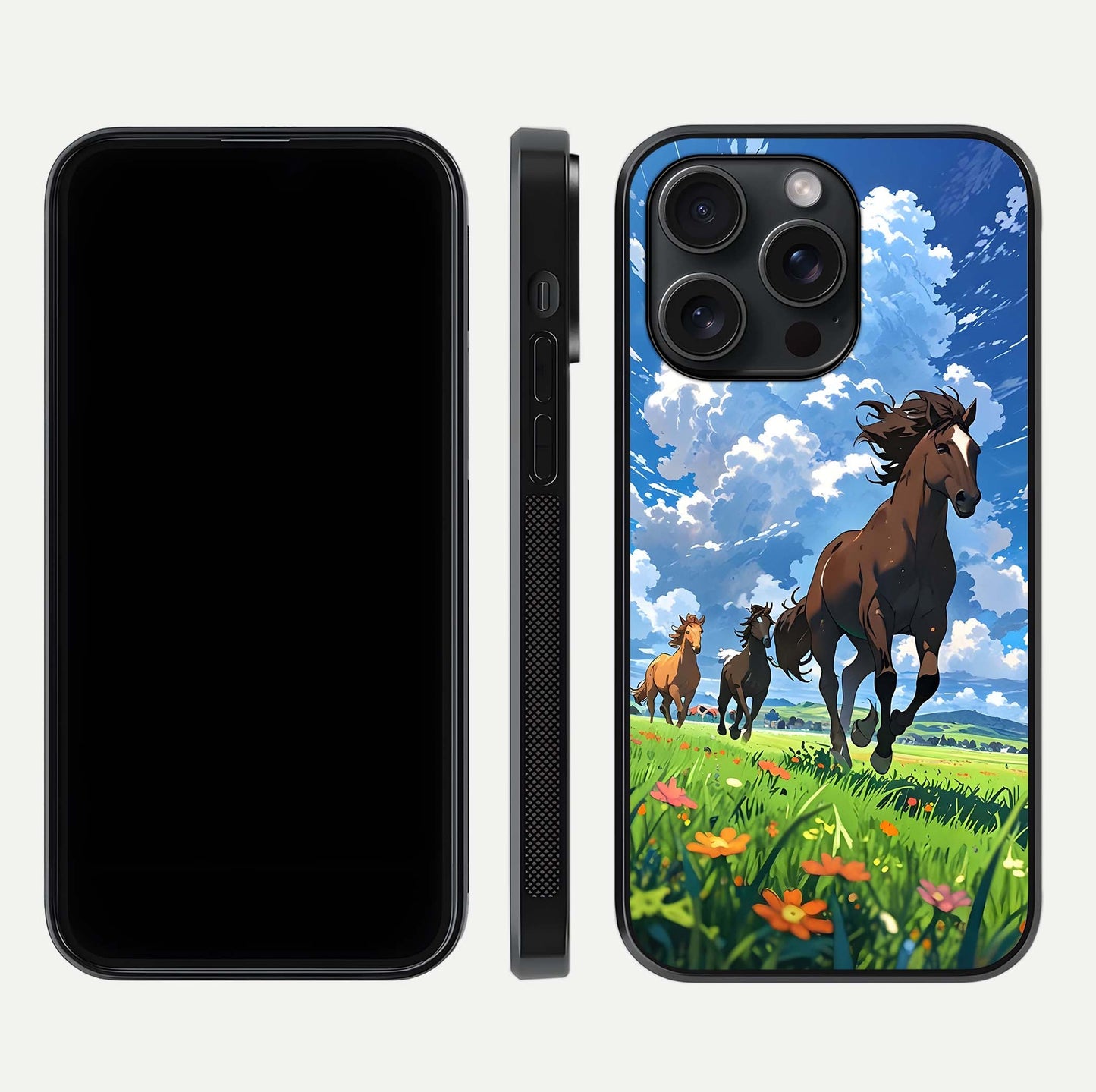 Majestic Horses Galloping Glass Case for iPhone 15 Pro front & back layout highlighting dynamic design and edges