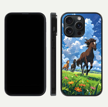 Majestic Horses Galloping Glass Case for iPhone 15 Pro front & back layout highlighting dynamic design and edges