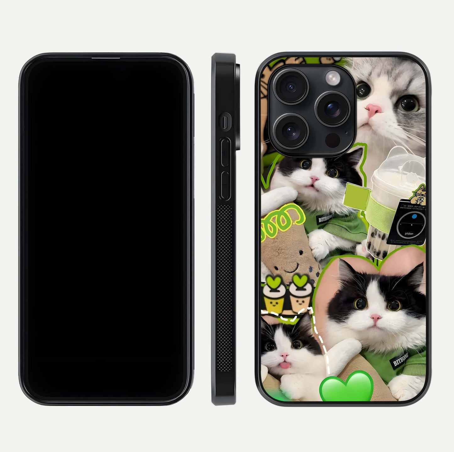 Matcha Cats Mood Glass Case for iPhone 15 Pro front & back layout highlighting cute theme and smooth edges