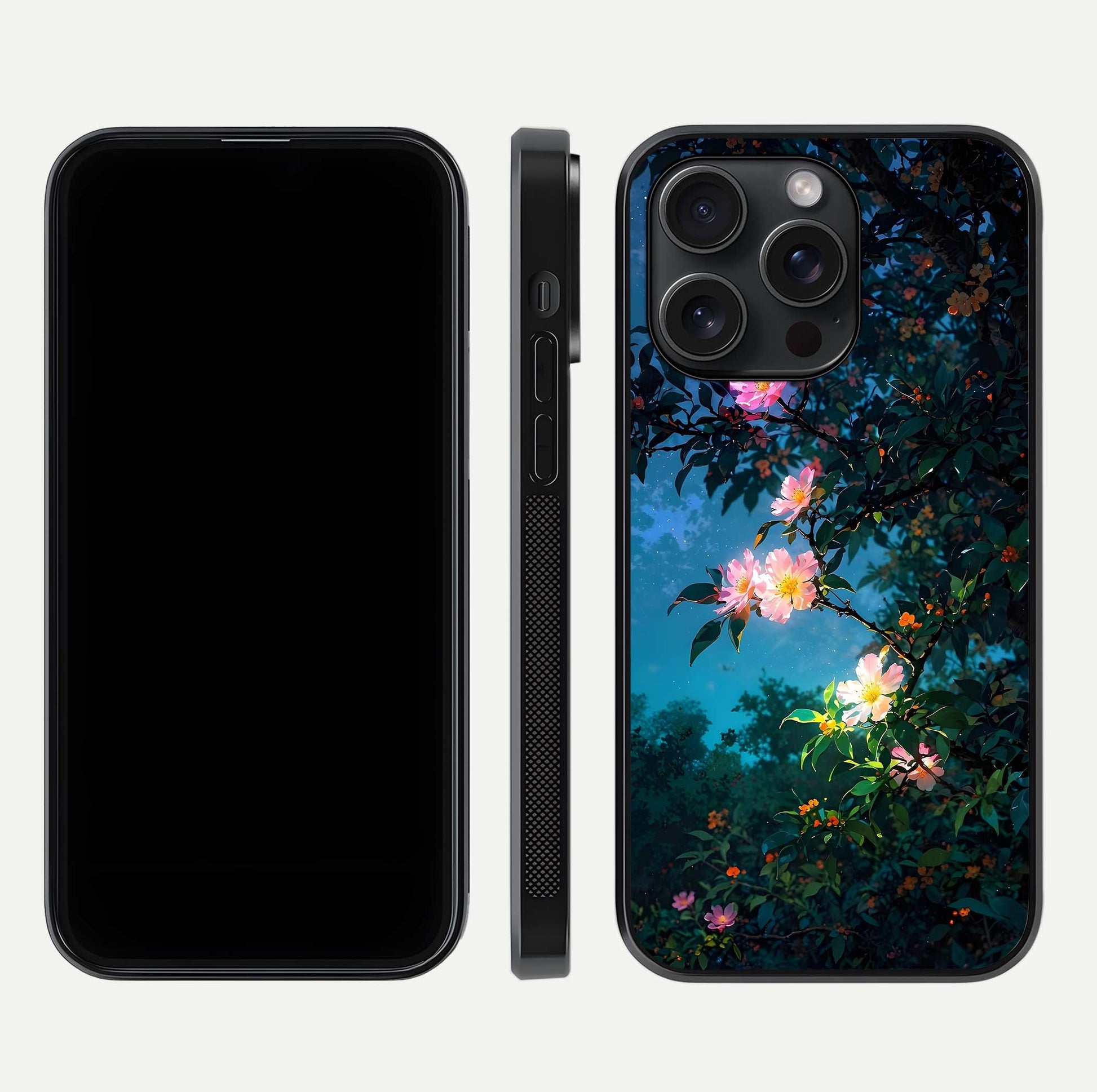 Midnight Bloom Glow Glass Case for iPhone 15 Pro front & back layout highlighting moody tones and smooth finish