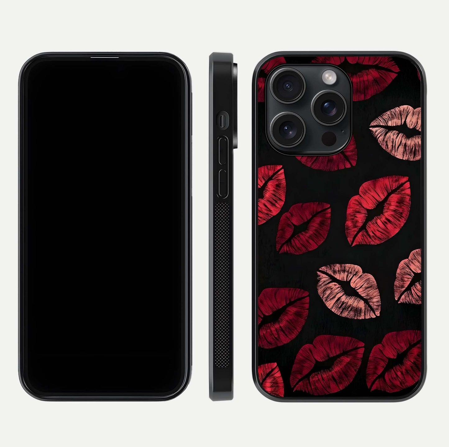 Midnight Kiss Love Glass Case for iPhone 15 Pro front & back view layout showing romantic theme and smooth curves