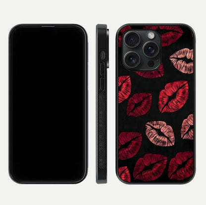 Midnight Kiss Love Glass Case for iPhone 15 Pro front & back view layout showing romantic theme and smooth curves
