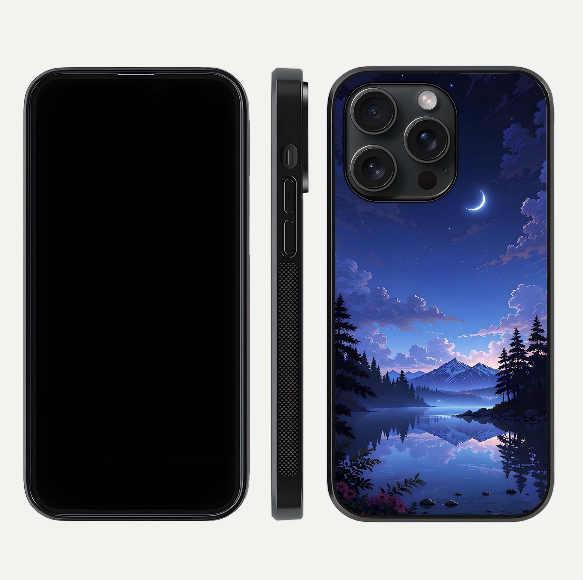 Midnight Lake Peace Glass Case for iPhone 15 Pro front & back layout highlighting calm design and curved edges