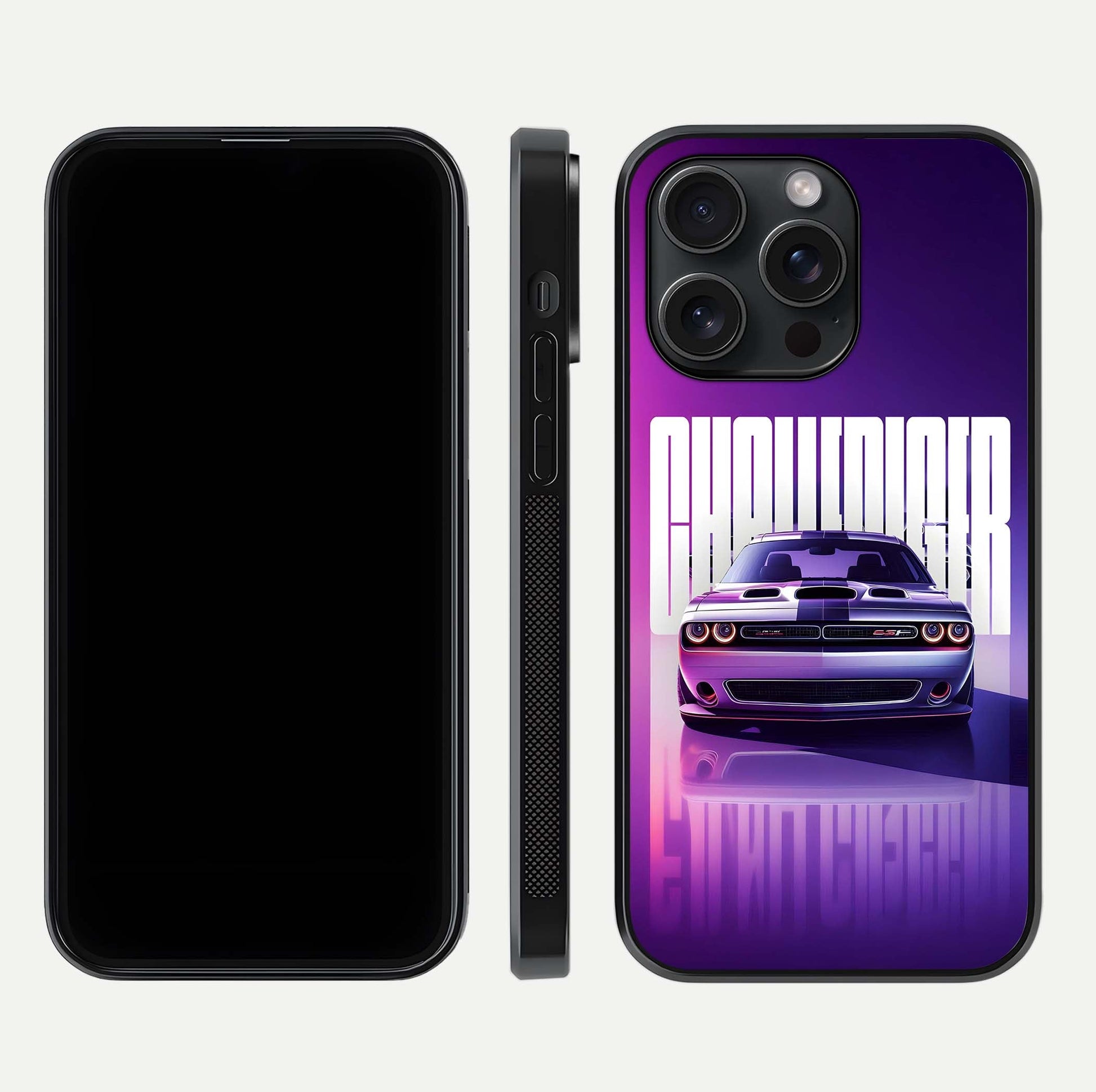 Midnight Muscle Ride Glass Case for iPhone 15 Pro front & back layout with dark automotive tones and edges