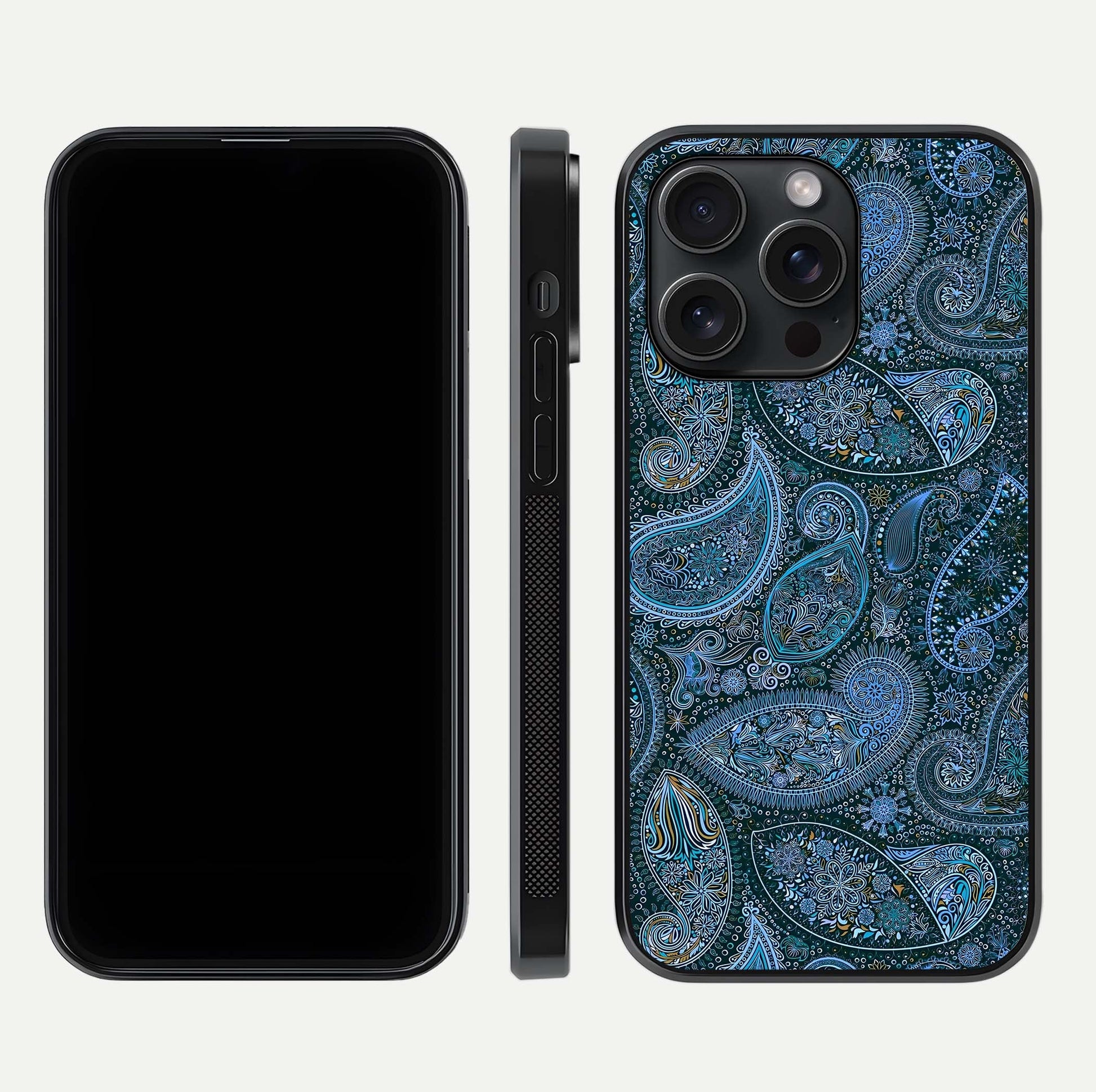 Midnight Paisley Glow Glass Case for iPhone 15 Pro front & back layout highlighting elegant edge finish
