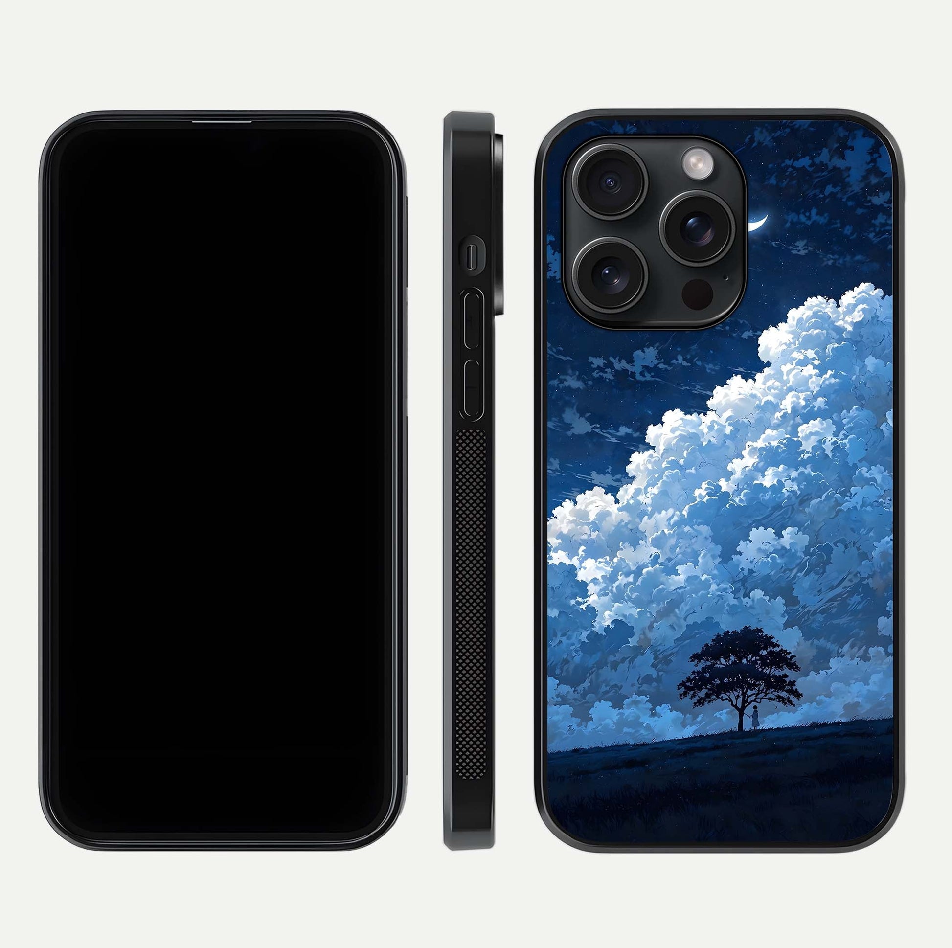 Midnight Sky Serenity Glass Case for iPhone 15 Pro front & back layout highlighting celestial art and curves