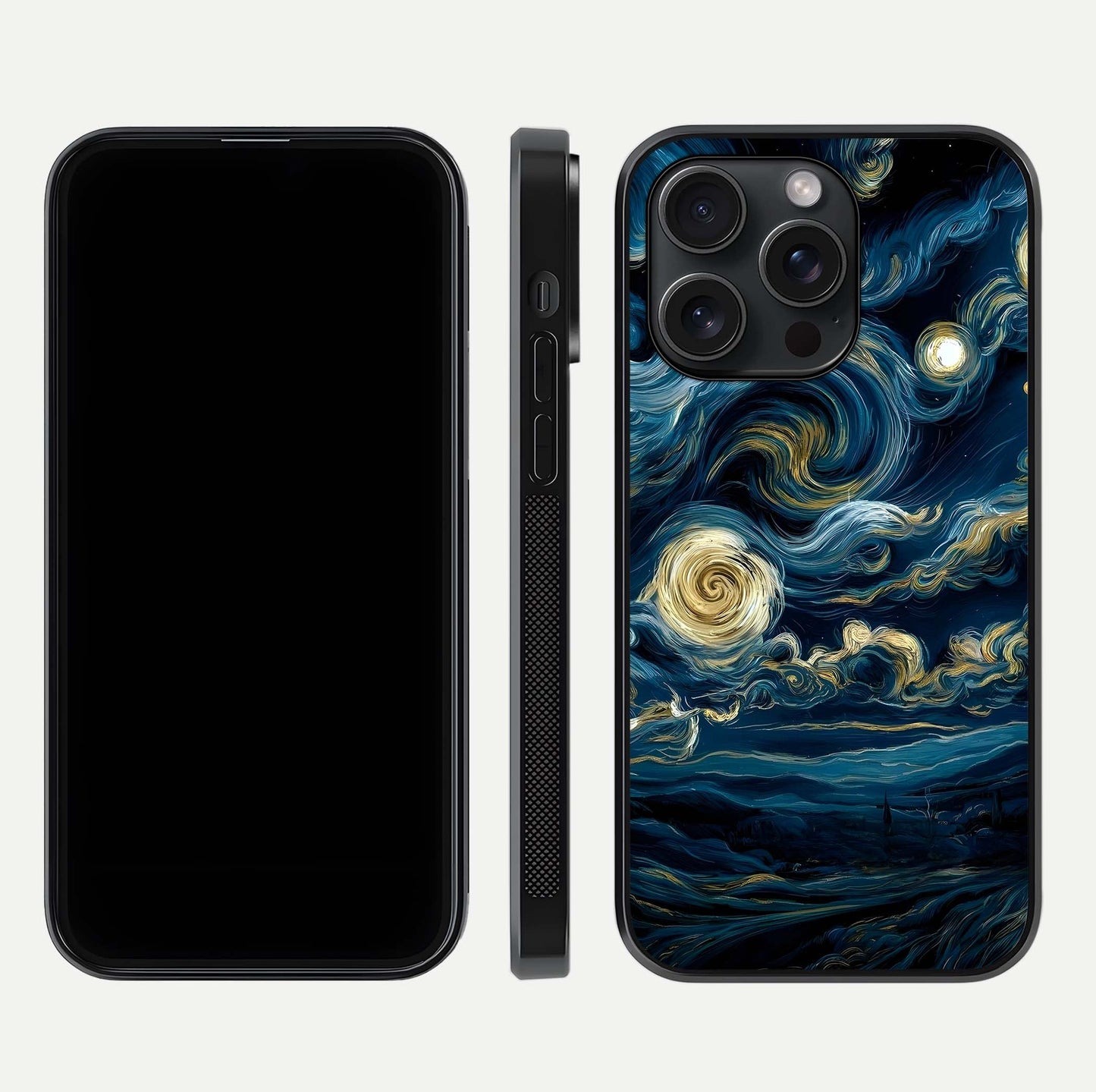 Midnight Sky Whirl Glass Case for iPhone 15 Pro front & back layout highlighting celestial movement art
