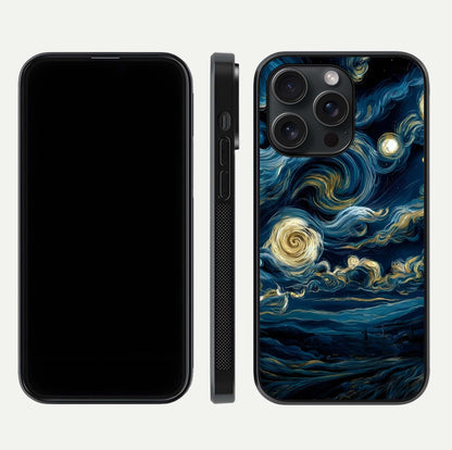 Midnight Sky Whirl Glass Case for iPhone 15 Pro front & back layout highlighting celestial movement art