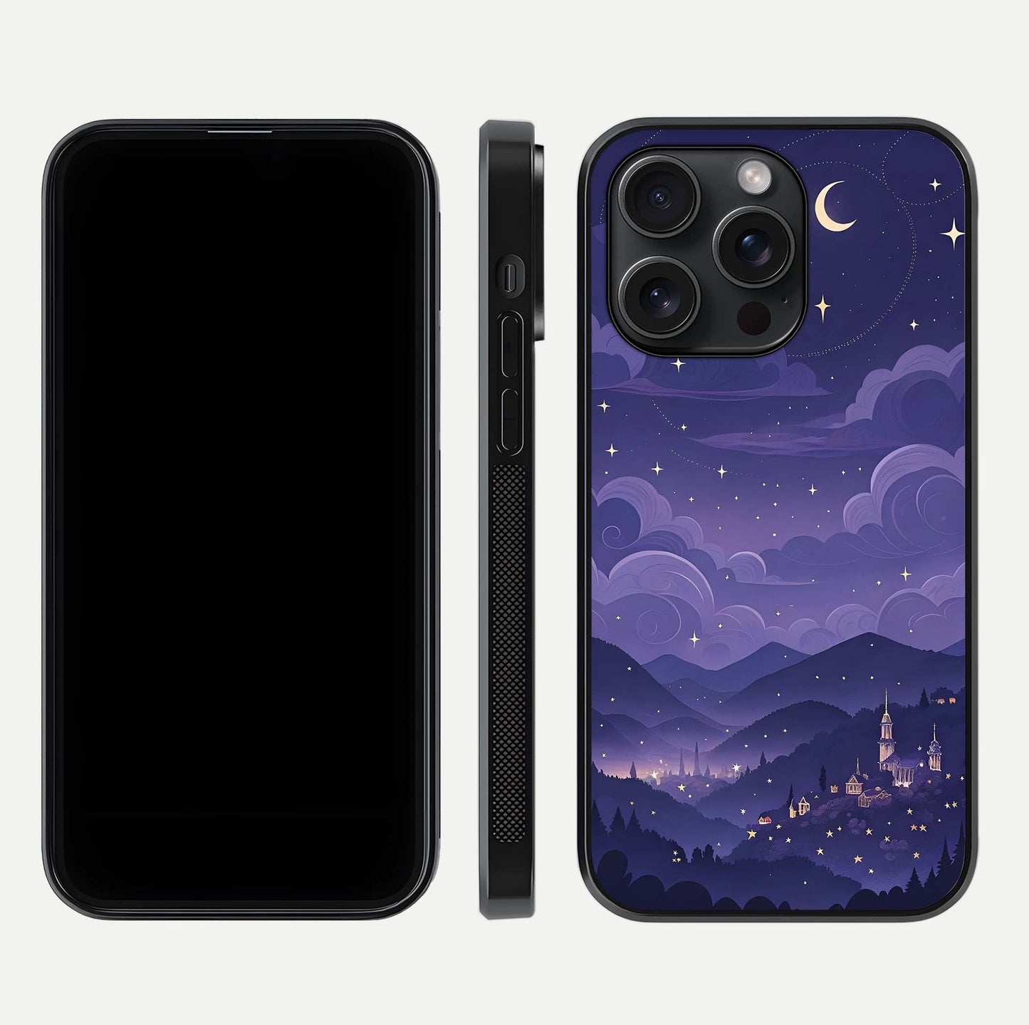 Minimal Night View Glass Case for iPhone 15 Pro front & back layout highlighting minimal night vibe and curves