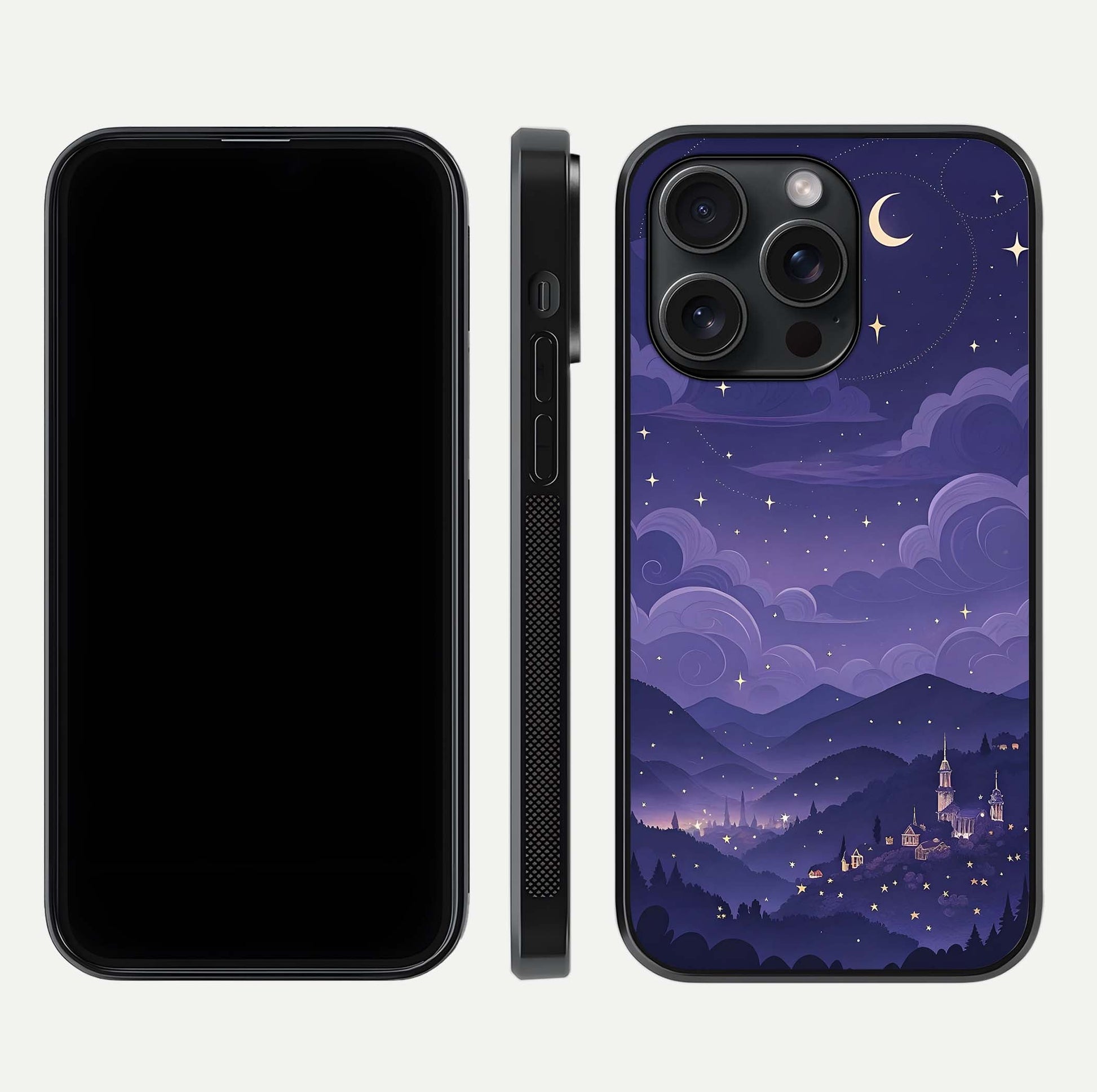 Minimal Night View Glass Case for iPhone 15 Pro front & back layout highlighting minimal night vibe and curves
