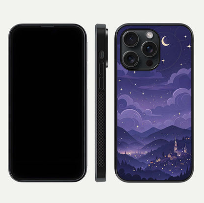 Minimal Night View Glass Case for iPhone 15 Pro front & back layout highlighting minimal night vibe and curves