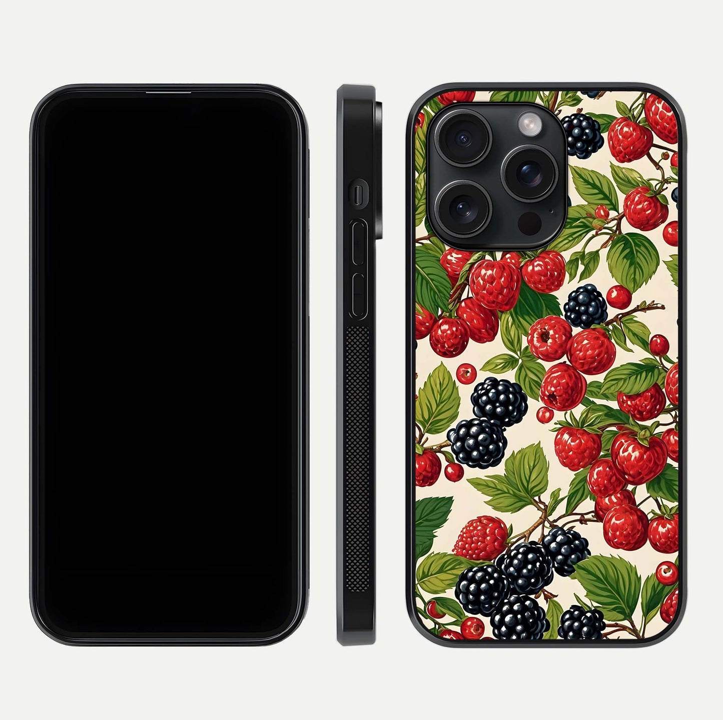 Mixed Berry Collage Glass Case for iPhone 15 Pro front & back layout highlighting colorful art and curved edges