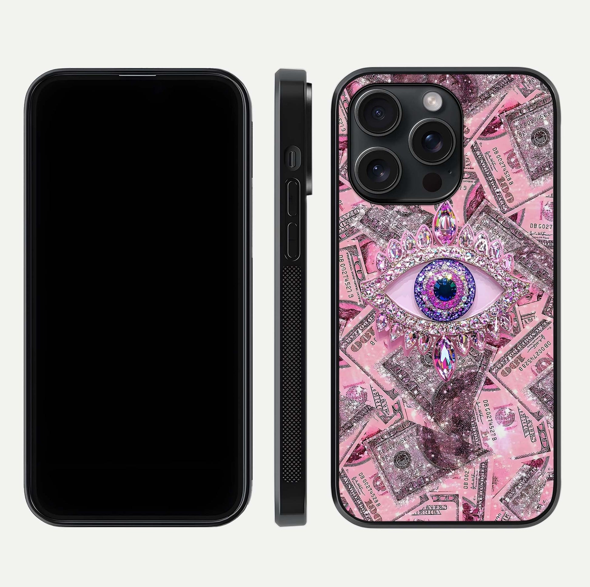 Money Eye Luxe Glass Case for iPhone 15 Pro front & back layout highlighting luxury edge design and bold art