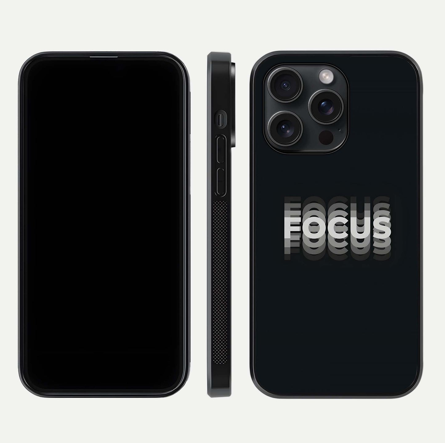 Mono Focus Vision Glass Case for iPhone 15 Pro front & back layout showing clean focus lines and curved edges