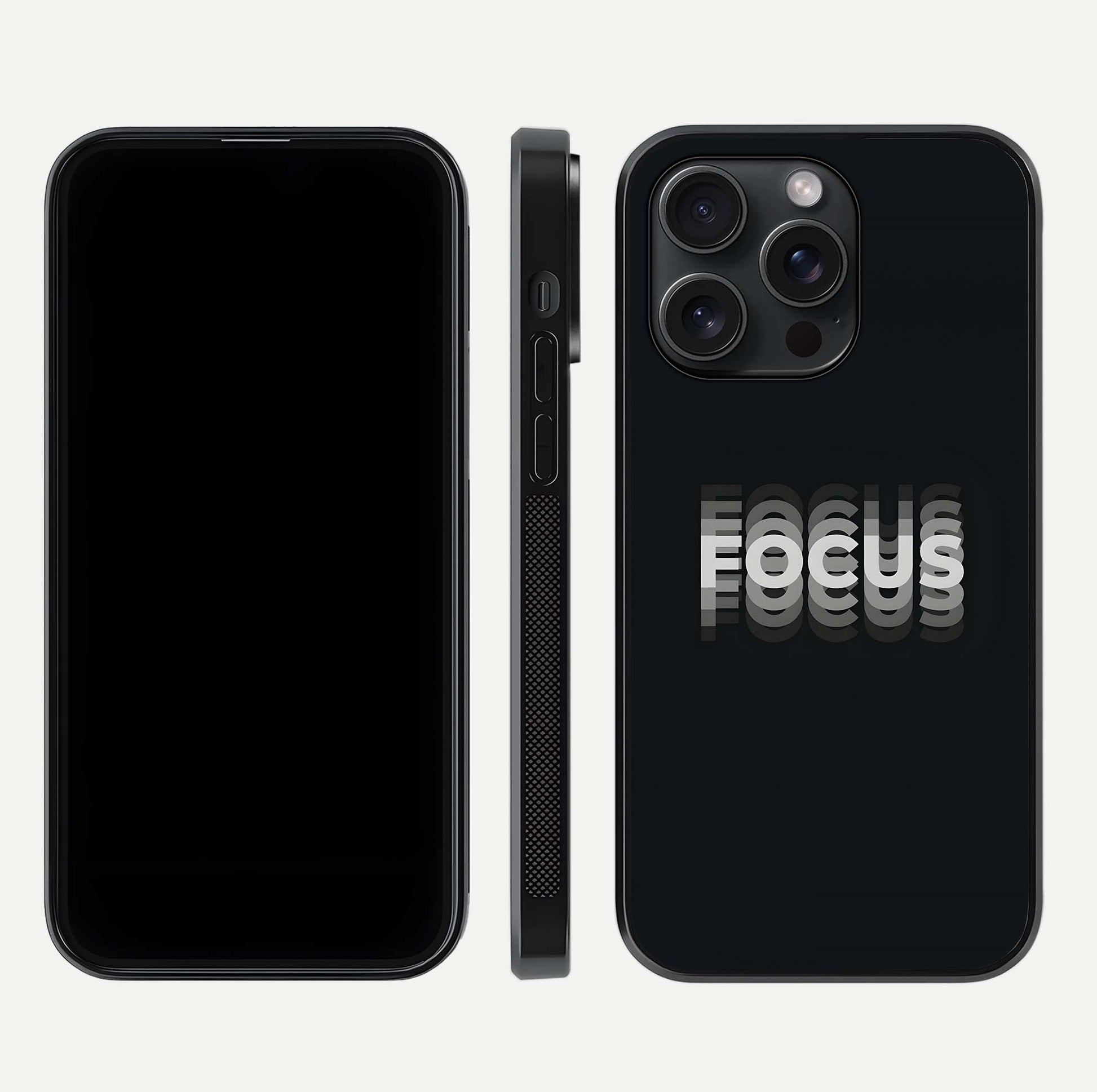 Mono Focus Vision Glass Case for iPhone 15 Pro front & back layout showing clean focus lines and curved edges