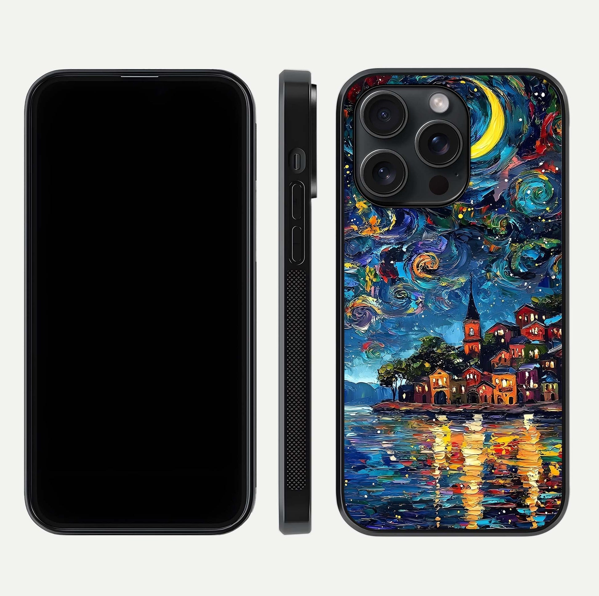 Moonlight Harbor Glow Glass Case for iPhone 15 Pro front & back layout highlighting calm harbor tones