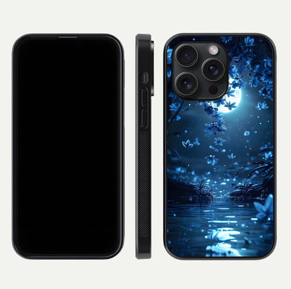 Moonlight Petal Dream Glass Case for iPhone 15 Pro front & back layout highlighting soft pastel tones