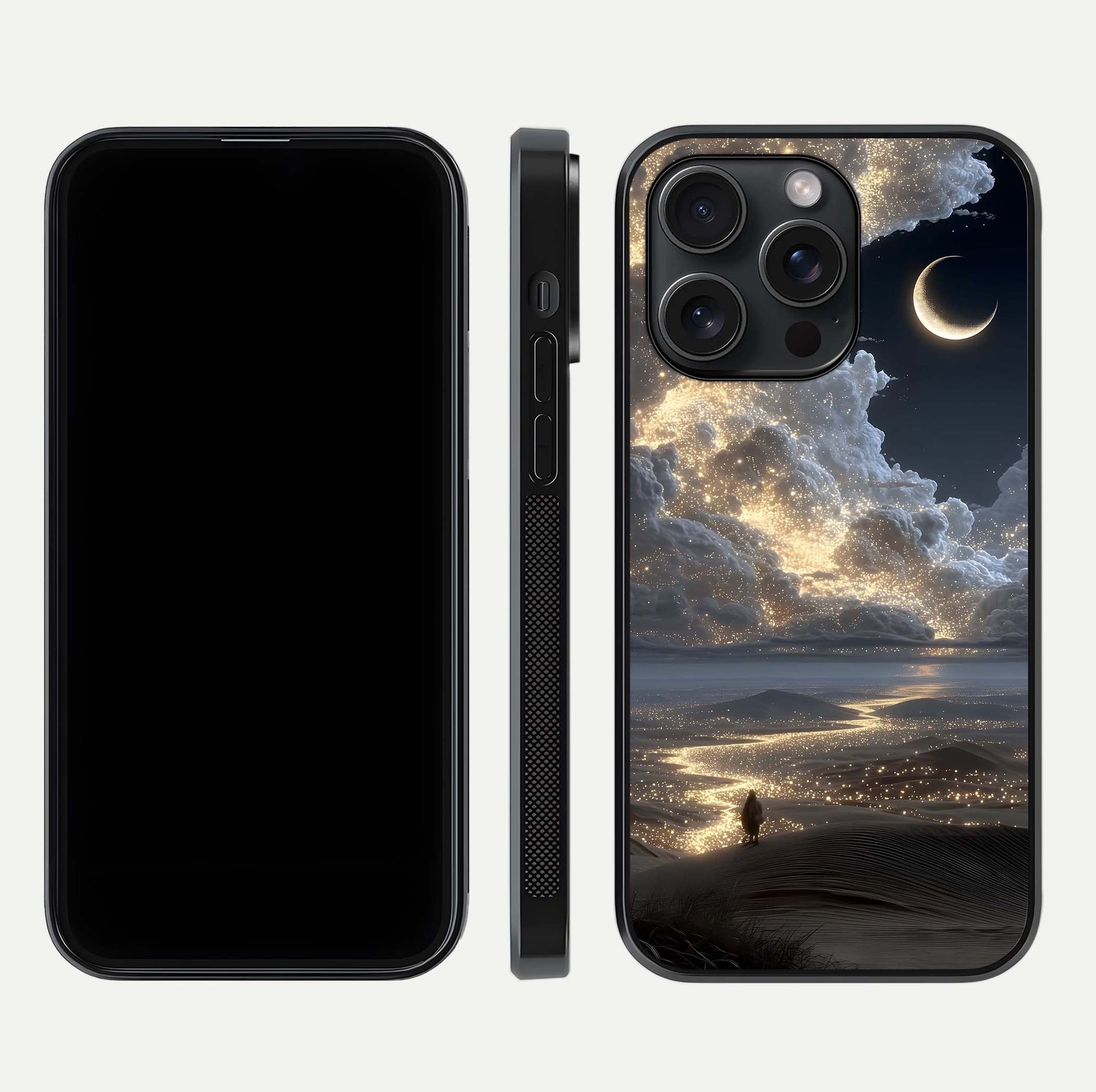 Moonlight Spark Path Glass Case for iPhone 15 Pro front & back layout highlighting calm tones and sleek edges