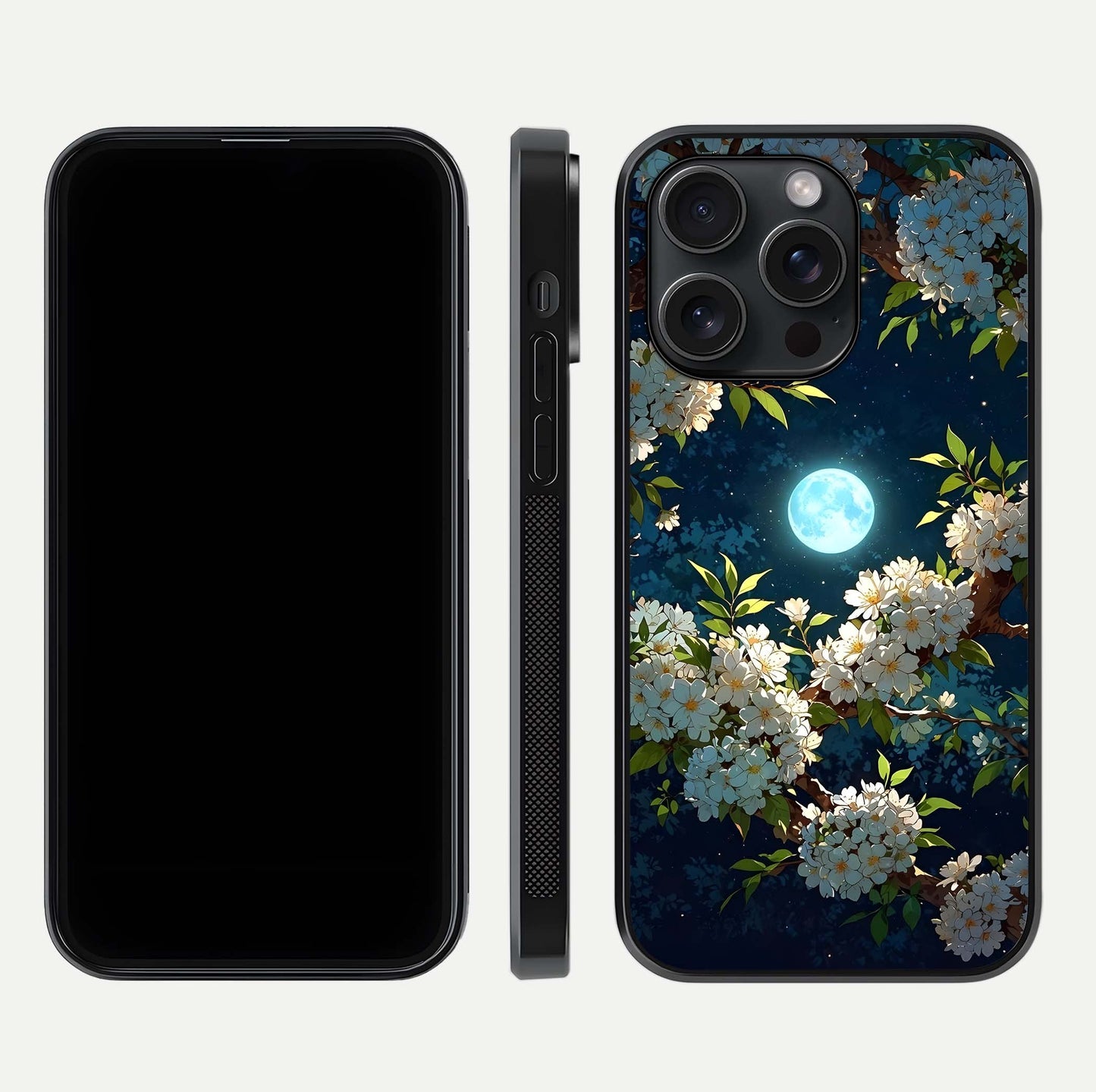 Moonlit Blossom Dream Glass Case for iPhone 15 Pro front & back layout highlighting moonlit tones and edges